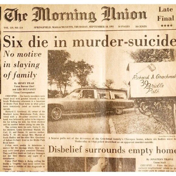 1981 Grochmal Family Murder Suicide Newspaper Morning Union Chicopee Mass DWJJ - Picture 1 of 3
